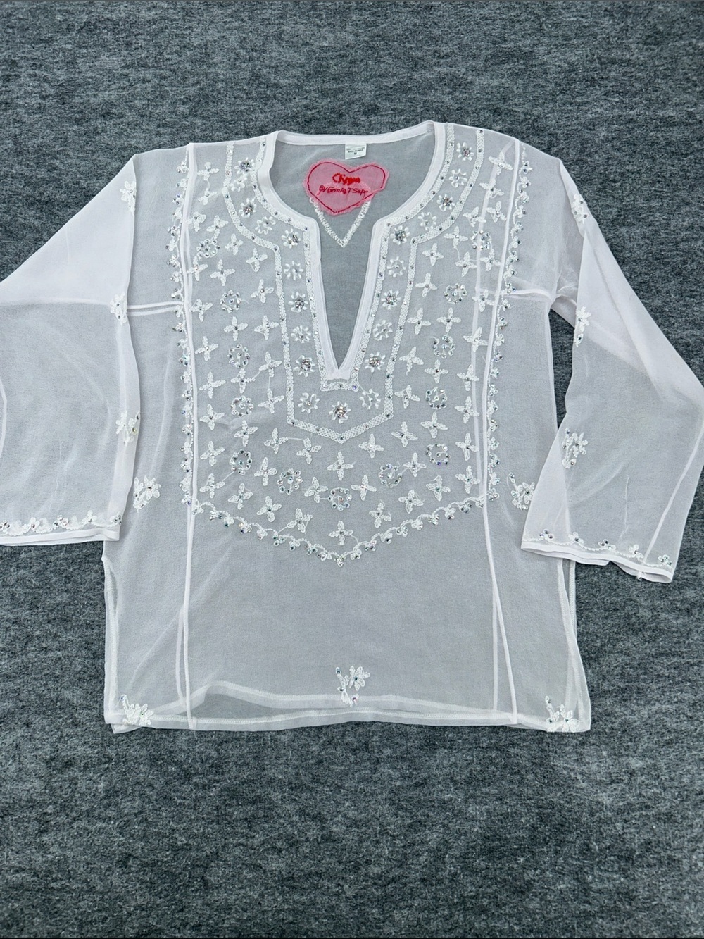 Y2K Sheer Beaded Mesh Tunic Top White Embroidered Fairy Boho Medium